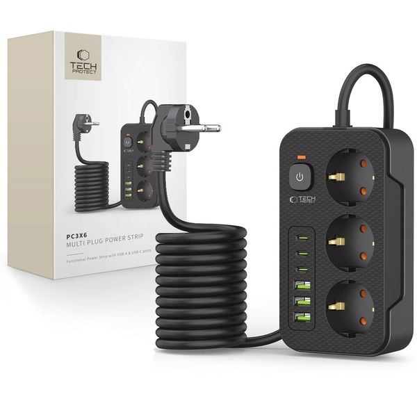 tech-protect pc3x6 power strip 3 usb & 3 type-c & 3 socket 200cm black zdjęcie 1
