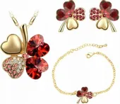 Zloty komplet biżuterii pozłacane koniczynki rubinowe czerwone prezent