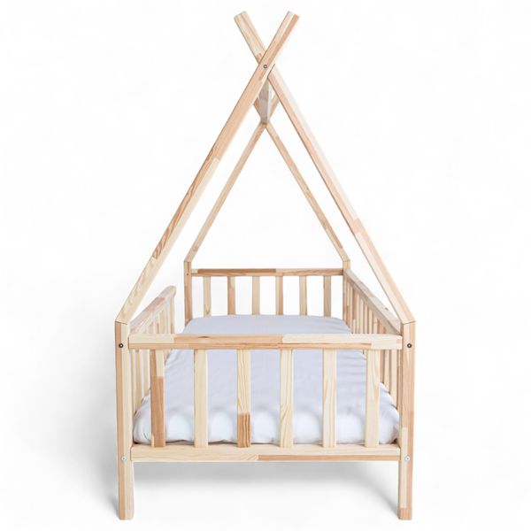 ŁÓŻKO TIPI 140x80 DREWNIANE ŁÓŻKO DZIECIĘCE BARIERKA + STELAŻ SOSNA