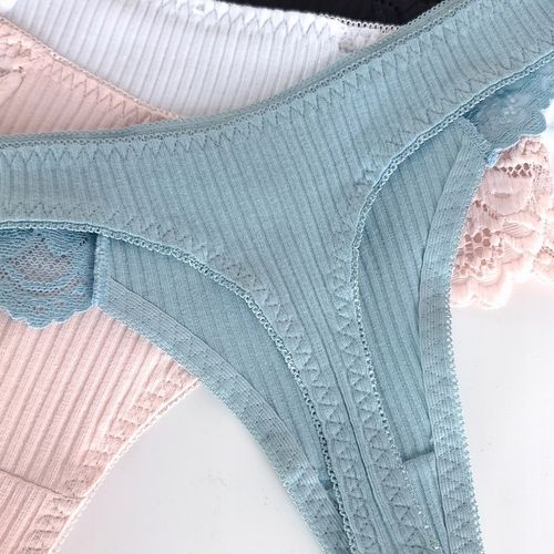 5x WYGODNE BAWEŁNIANE PRĄŻKOWANE STRINGI Z KORONKĄ S/M na Arena.pl