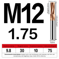 Frez do gwintowania M0.8-M20 - wieloostrzowy Rozmiar: M12x1.75x75L - TiSiN