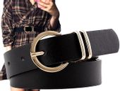 Czarny pasek wzór krokodyli damski klamra koło złota H27_Czarny