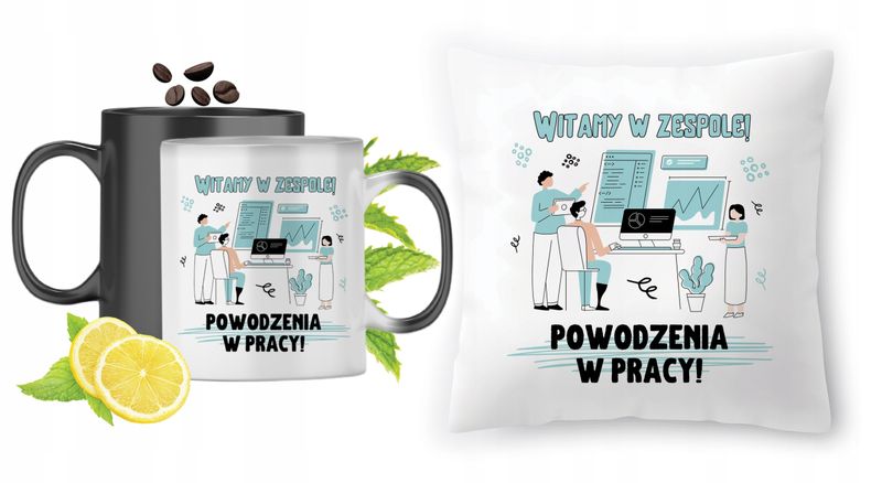 Powitanie W Pracy Zestaw Kubek Magiczny + Poduszka Z Nadrukiem Ze Zdjęciem zdjęcie 1