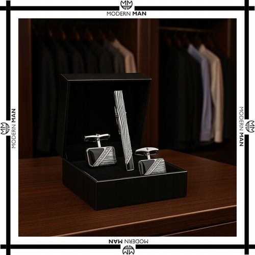 ZESTAW SPINKI DO MANKIETOW I KRAWATA SREBRNO CZARNE ELEGANCKI DLA MEZCZYZNY na Arena.pl