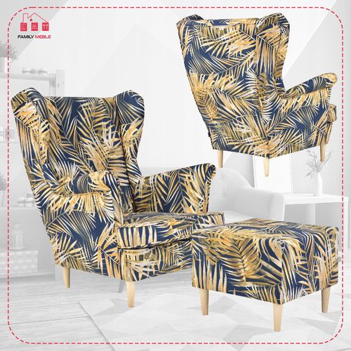 Fotel uszak ARI PRINT z podnóżkiem, skandynawski  BOHO na Arena.pl