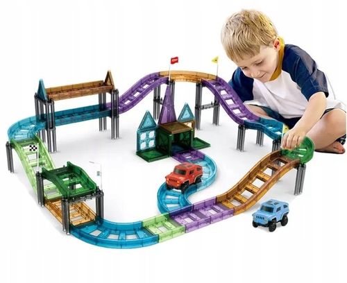 KLOCKI MAGNETYCZNE DLA DZIECI EDUKACYJNE PANELE KOLEJKA TOR + 2 AUTKA 59 EL na Arena.pl