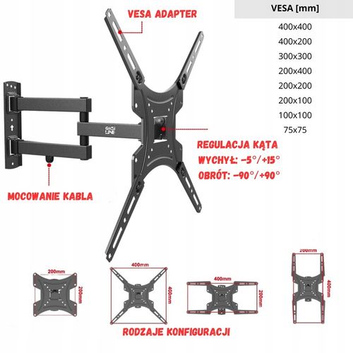 UCHWYT DO TELEWIZORA OBROTOWY UCHWYT SCIENNY WIESZAK DO TV 13-60 CALI VESA na Arena.pl
