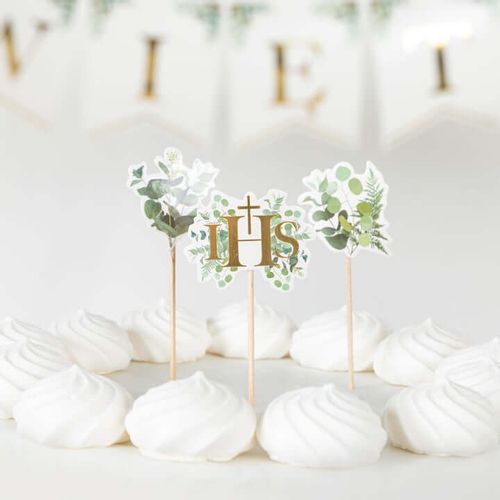 Pikery do babeczek Komunia Święta IHS eukaliptus, 5 szt. na Arena.pl