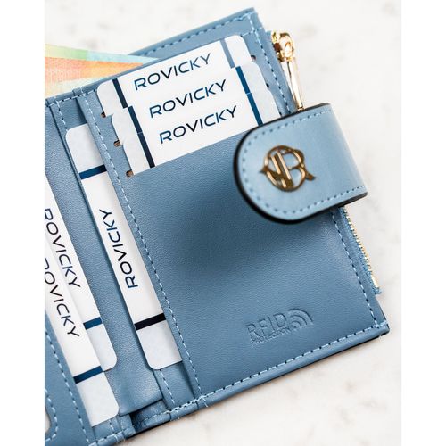 portfel damski ze skóry ekologicznej w błękitnym kolorze, wyposażony na Arena.pl