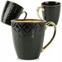PORCELANOWY KUBEK NA KAWĘ HERBATĘ CZARNY ZDOBIONY ZE ZŁOTYM UCHEM 360ML