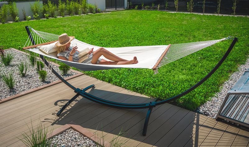 Hamak pikowany dwuosobowy 200x140cm z poprzeczkami i poduszką zdjęcie 7