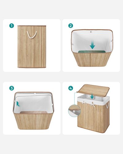 Kosz bambusowy na pranie naturalny 150 l trzykomorowy z pokrywą składany na Arena.pl