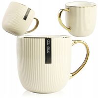 PORCELANOWY KUBEK NA KAWĘ HERBATĘ BEŻOWY ZDOBIONY ZE ZŁOTYM UCHEM 400ML