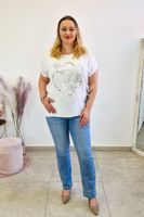 Biała Bluzka Damska ze Srebrną Aplikacją w Kwiaty UNI