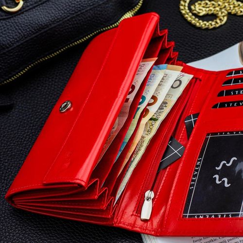 Duży Pojemny Portfel Damski Skórzany STEVENS Czerwony Z Ochroną RFID na Arena.pl