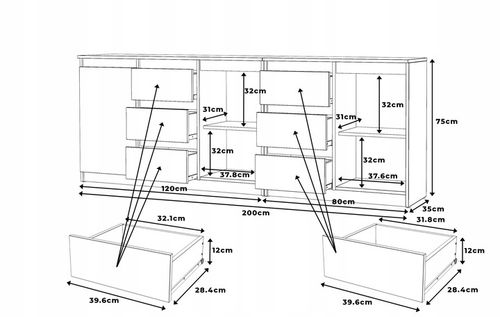 Komoda Antracyt/Wotan 6 szuflad 3 drzwi Duza Komoda 200 cm ZESTAW do na Arena.pl