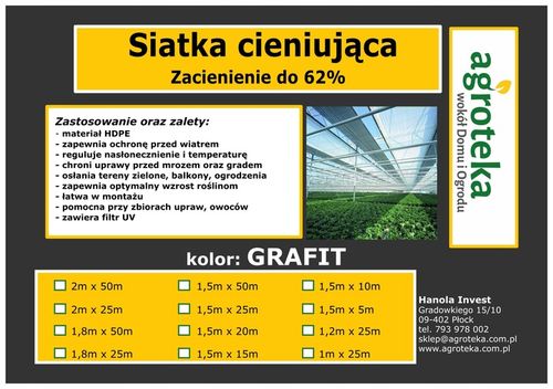 SIATKA CIENIUJĄCA NA PŁOT 62% 1,5x25m UV+ GRAFIT na Arena.pl
