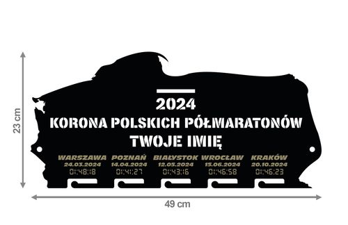 Wieszak na medale KORONA PÓŁMARATONÓW twoje imię dowolny tekst 301.1 na Arena.pl