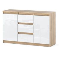 Komoda Biała Połysk Drewniana 3 Szuflady Nowoczesna 120cm Szafka Dąb Sonoma