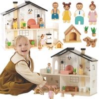 TOOKY TOY Drewniany Domek dla Lalek z Akcesoriami i Rodzinką 20 el.