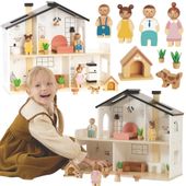 TOOKY TOY Drewniany Domek dla Lalek z Akcesoriami i Rodzinką 20 el.