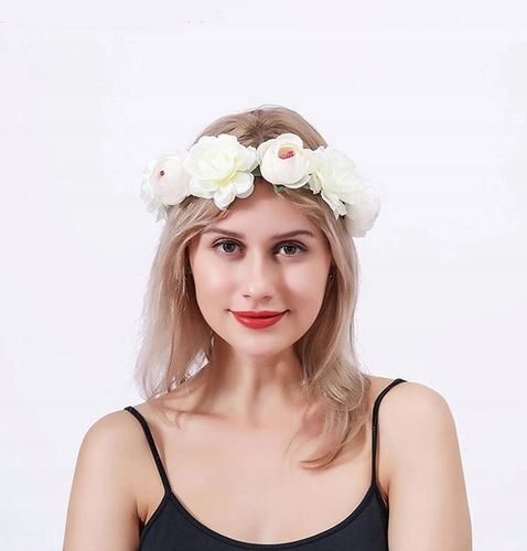 OPASKA WIANEK NA GŁOWĘ BOHO DRUCIK BIAŁE KWIATY PANIEŃSKI ŚLUBNY KOMUNIA na Arena.pl