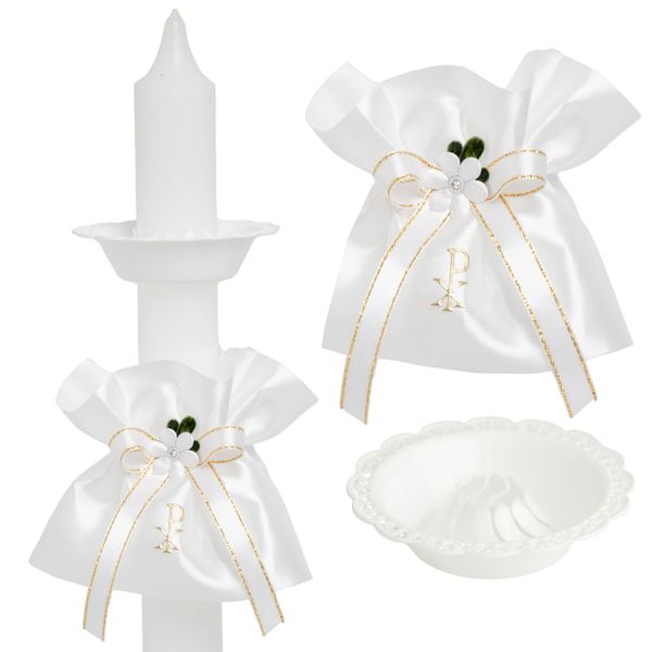 Biały stroik na świece do chrztu, komunii + okapnik SS-05 + pudełko zdjęcie 4