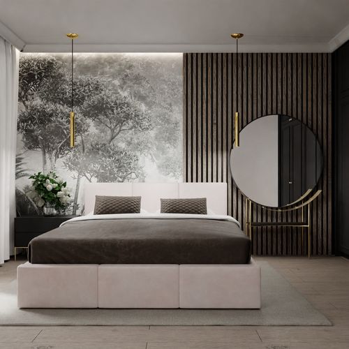 ŁÓŻKO TAPICEROWANE DO SYPIALNI 160x200 ŁÓŻKO PODWÓJNE Z POJEMNIKIEM KREMOWE na Arena.pl