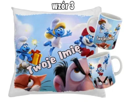 Zestaw SMERFY KUBEK + PODUSZKA RÓŻNE WZORY + IMIĘ UNIKALNY WYJĄTKOWY na Arena.pl