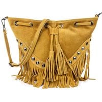 VERA PELLE torebka zamszowa listonoszka boho z ćwiekami V418 musztardowa