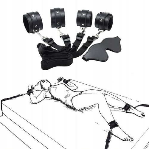 ZESTAW KAJDANEK BDSM Z PASAMI POD MATERAC ŁÓŻKO I MASKA NA OCZY Z EKOSKÓRY na Arena.pl