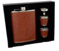 Brązowa Piersiówka Obszyta Skórą z Kieliszkami