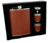 Zestaw Piersiówka + Kieliszki Obszyte Brązową Skórą z Lejkiem Gentelo