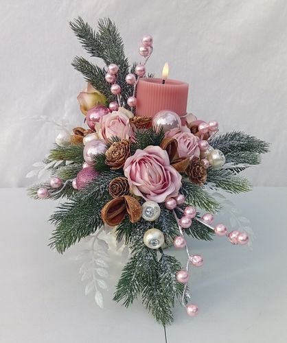 Stroik świąteczny z różową świecą LED w lustrznej doniczce 43×41×34 cm na Arena.pl