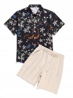 KOMPLET BEŻOWE SPODENKI CZARNA KOSZULA KRÓTKI RĘKAW WZÓR ROSLINNY ROMWE M