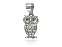 ELEGANCKI RODOWANY SREBRNY WISIOREK MĄDRA SOWA SÓWKA ZIELONA BIAŁE CYRKONIE