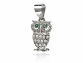 ELEGANCKI RODOWANY SREBRNY WISIOREK MĄDRA SOWA SÓWKA ZIELONA BIAŁE CYRKONIE