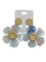 Kolczyki duży kwiat akryl stal chirurgiczna nadruk brokat niebieski 7 cm