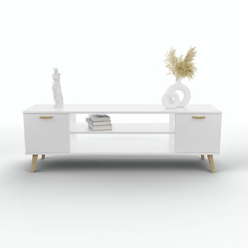 Szafka RTV 155 cm skandynawska biała nogi i uchwyt drewniane na Arena.pl