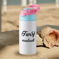 Dziecięcy bidon z silikonowym ustnikiem z Twoim nadrukiem - biały z błękitno-różową zakrętką
