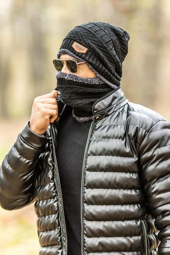 CZAPKA + KOMIN KOMPLET MĘSKI Z FUTERKIEM - CZARNY na Arena.pl