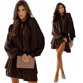 ELEGANCKA ROZKLOSZOWANA SUKIENKA MINI - CZEKOLADA