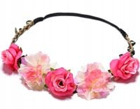 WIANEK OPASKA KWIATY NA GŁOWĘ BOHO RÓŻOWE KWIATKI PANIEŃSKI ŚLUBNY NA GUMCE