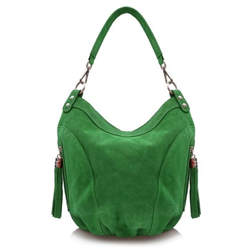 VERA PELLE torebka zamszowa worek z frędzelkami i paskiem V322 zielona na Arena.pl