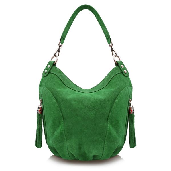 VERA PELLE torebka zamszowa worek z frędzelkami i paskiem V322 zielona zdjęcie 1