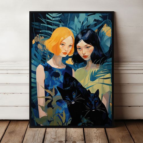 Plakat ilustracja dziewczyny koty 40x50 cm w czarnej ramie na Arena.pl