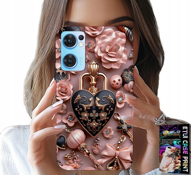 ETUI DO OPPO RENO7 5G - KOBIECE WZORY KŁÓDKA SERCE CASE + SZKŁO zdjęcie 1