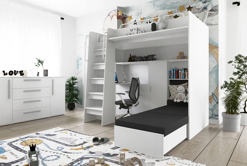 Łóżko piętrowe JSM7 z sofą i biurkiem biały mat + materac Gratis! zdjęcie 9