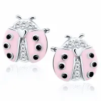 DELIKATNE RODOWANE SREBRNE KOLCZYKI WKRĘTKI RÓŻOWE BIEDRONKI CYRKONIE