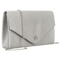 brokatowa kopertówka damska w srebrnym kolorze zawieszona